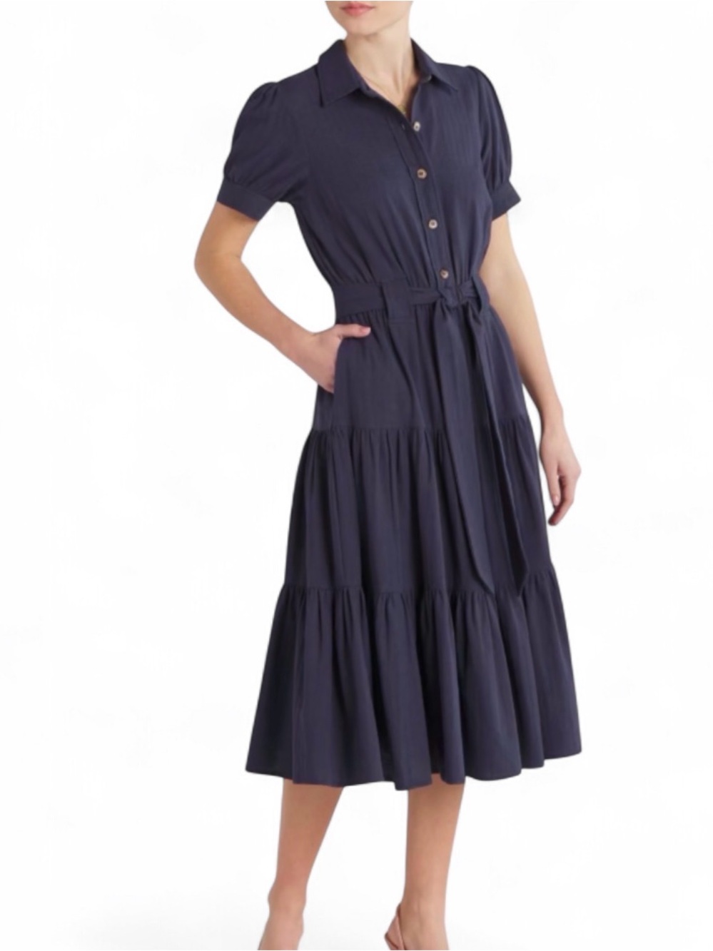 Kaleigh Naurela Puff Sleeve Shirt Dress Midi Puff Sleeve Shirt Dress in Blue